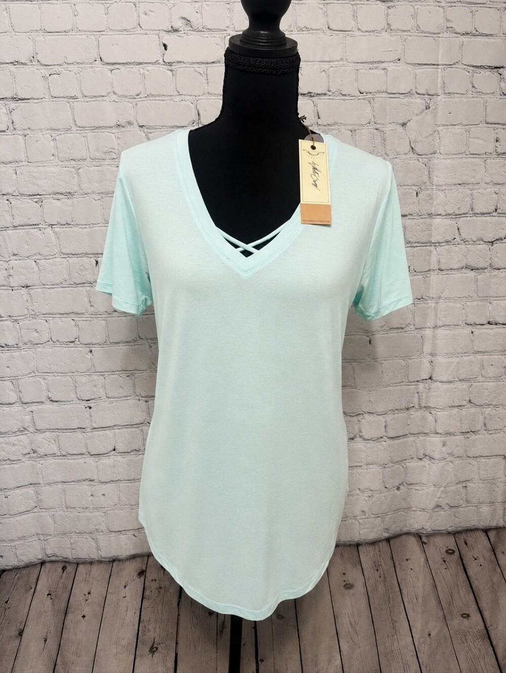 White Crow Mint V-Neck Short Sleeve Tee with Crisscross Detail